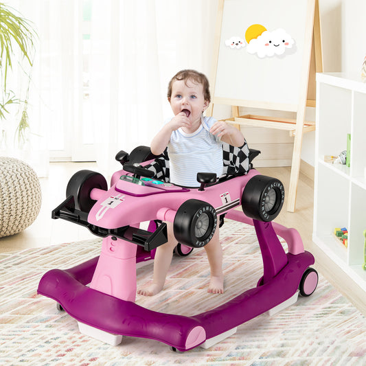 The baby walker in a bright nursery room with a toddler standing inside the seat