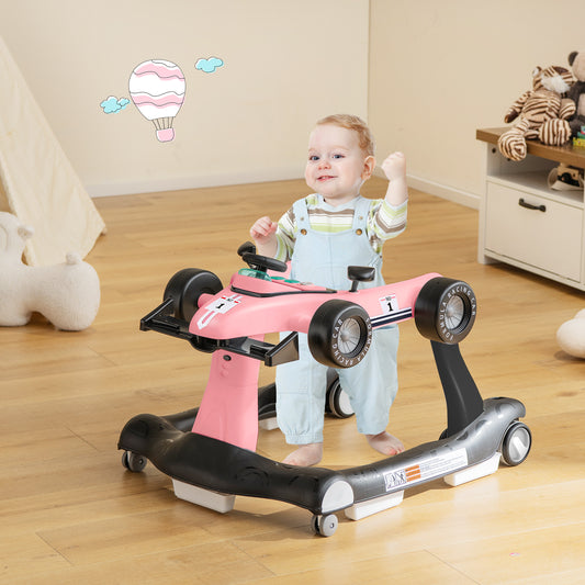 A happy baby stands in the light pink baby walker in a room