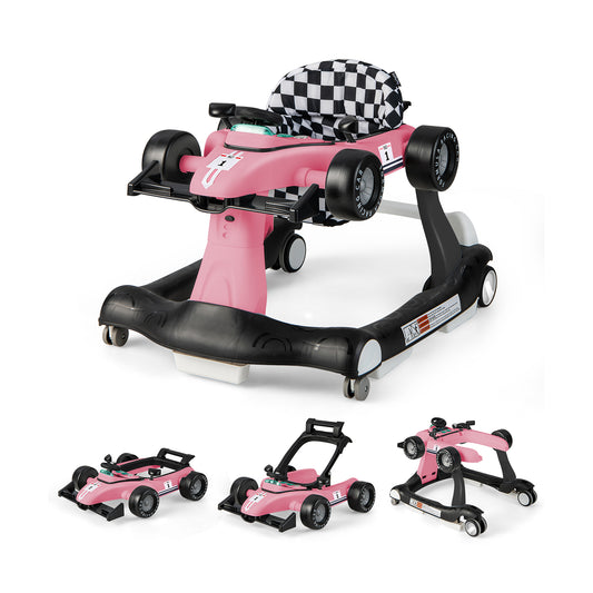 4-in-1 Baby Push Walker with Adjustable Height and Speed in light pink, shown from the front with a checkered seat