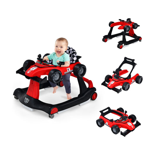 4-in-1 Baby Push Walker with Adjustable Height and Speed shown in red with a child sitting inside