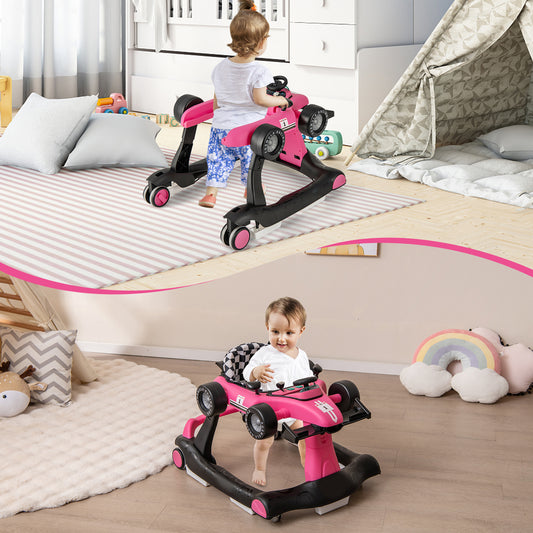 The rose pink baby walker in a nursery room with a baby standing behind it