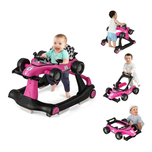4-in-1 Baby Push Walker with Adjustable Height and Speed in rose pink, with a baby sitting inside