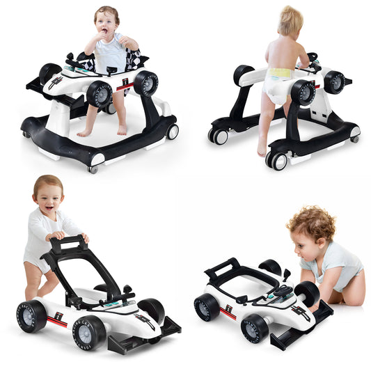 4-in-1 Baby Push Walker with Adjustable Height and Speed shown in four different usage modes