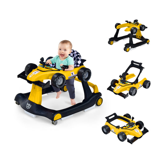 4-in-1 Baby Push Walker with Adjustable Height and Speed in yellow with a baby sitting in it