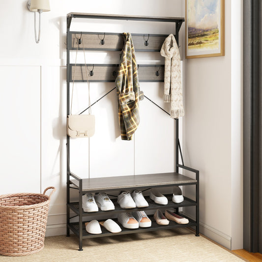 Coat rack and shoe bench with coats and scarves hanging on hooks