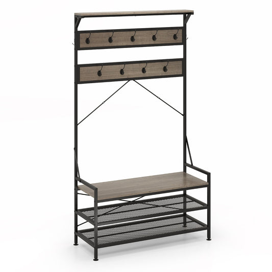 4-In-1 Coat Rack with 11 hanging hooks and shoe bench in grey