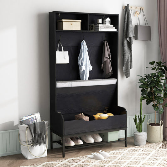 The coat rack with seat cushion in a hallway, showing storage for coats, bags and shoes