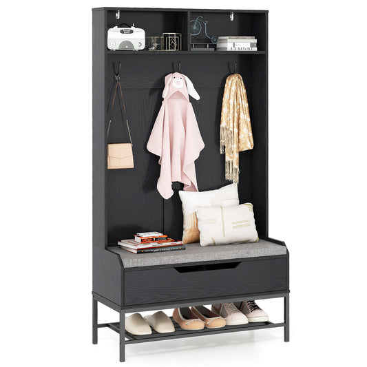 4-in-1 Coat Rack with Seat Cushion and Open Compartments in black, a tall unit with shelves, hooks, a seat and shoe storage