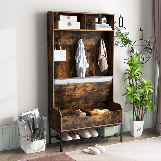 Rustic brown coat rack with seat and open compartments, shown with items inside