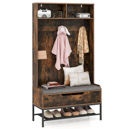 4-in-1 Coat Rack with Seat Cushion and Open Compartments in rustic brown wood effect with grey cushion