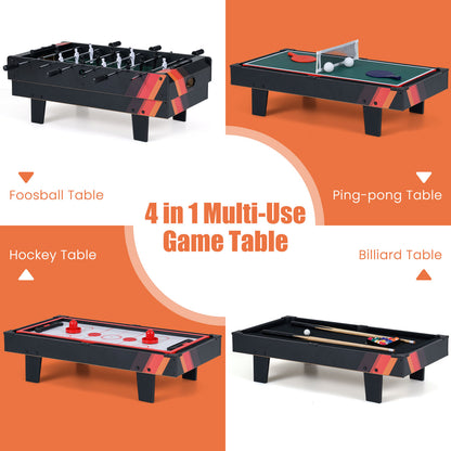 Four different game table tops: foosball, ping pong, air hockey, and billiard