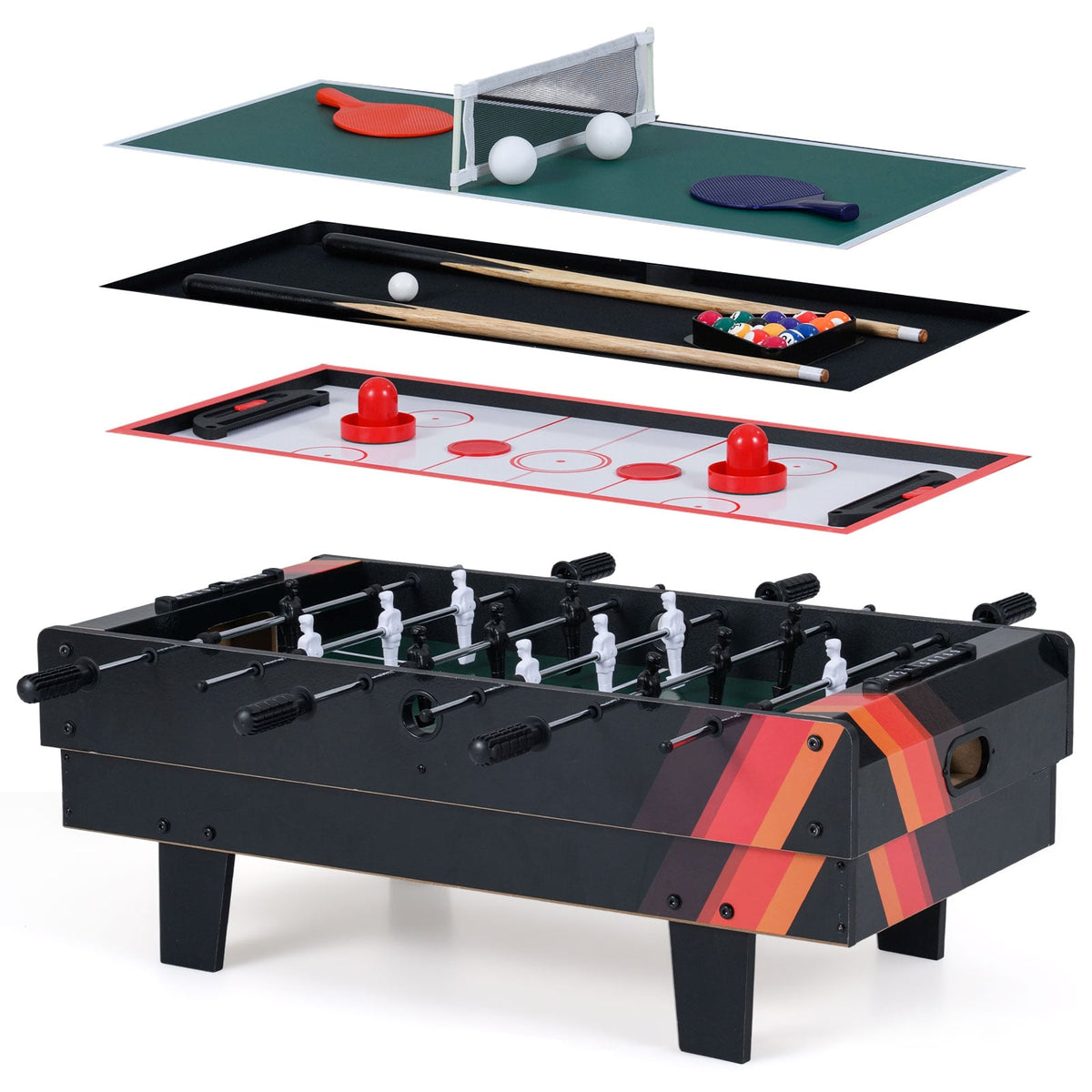 4 in 1 Combo Game Table Set showing foosball, ping pong, air hockey and billiard games