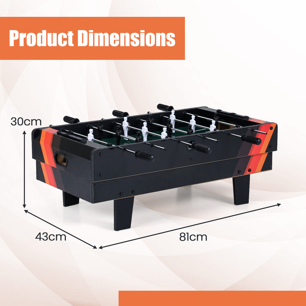Dimensions of the foosball table with height and width shown