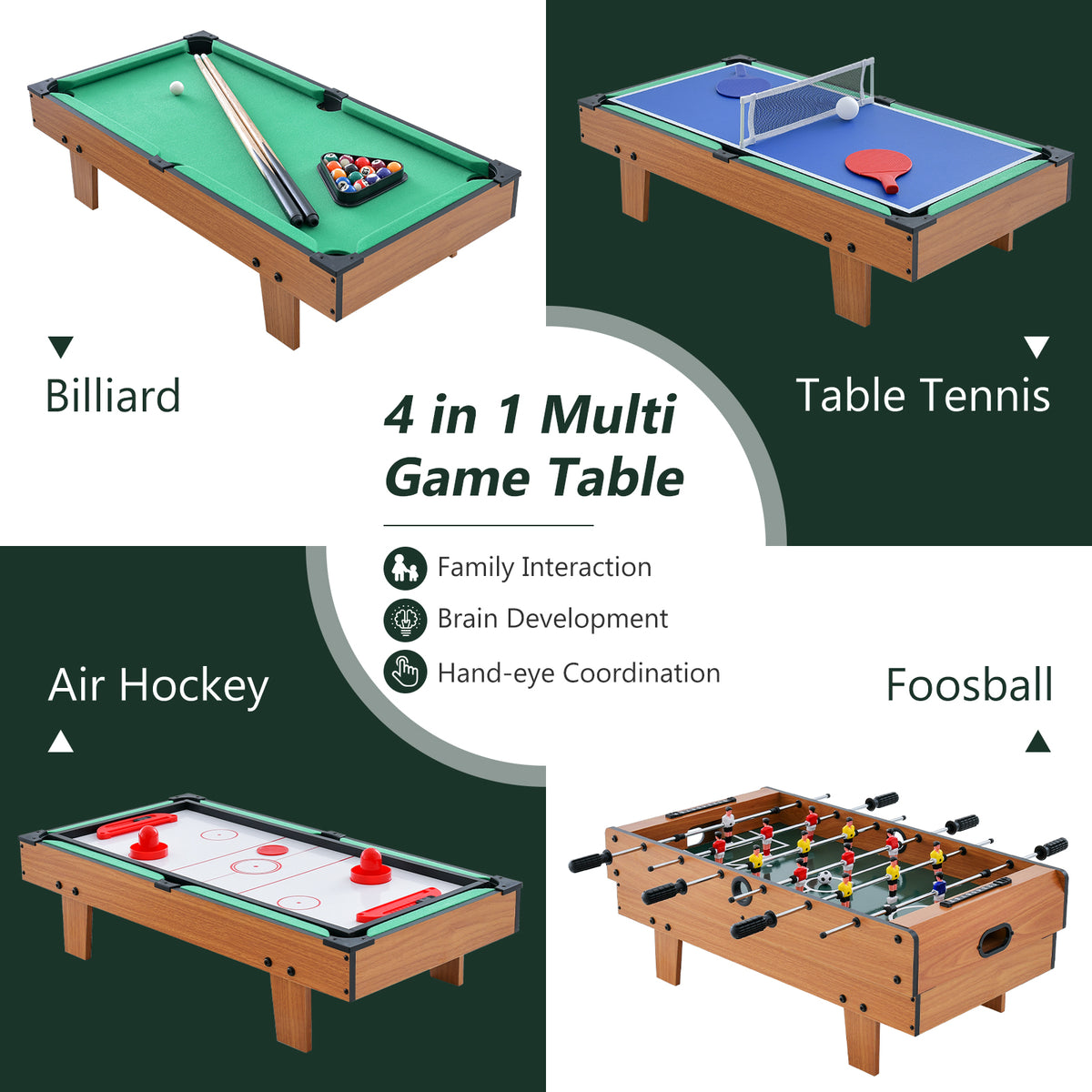 The game table set showing four different game configurations with descriptive labels