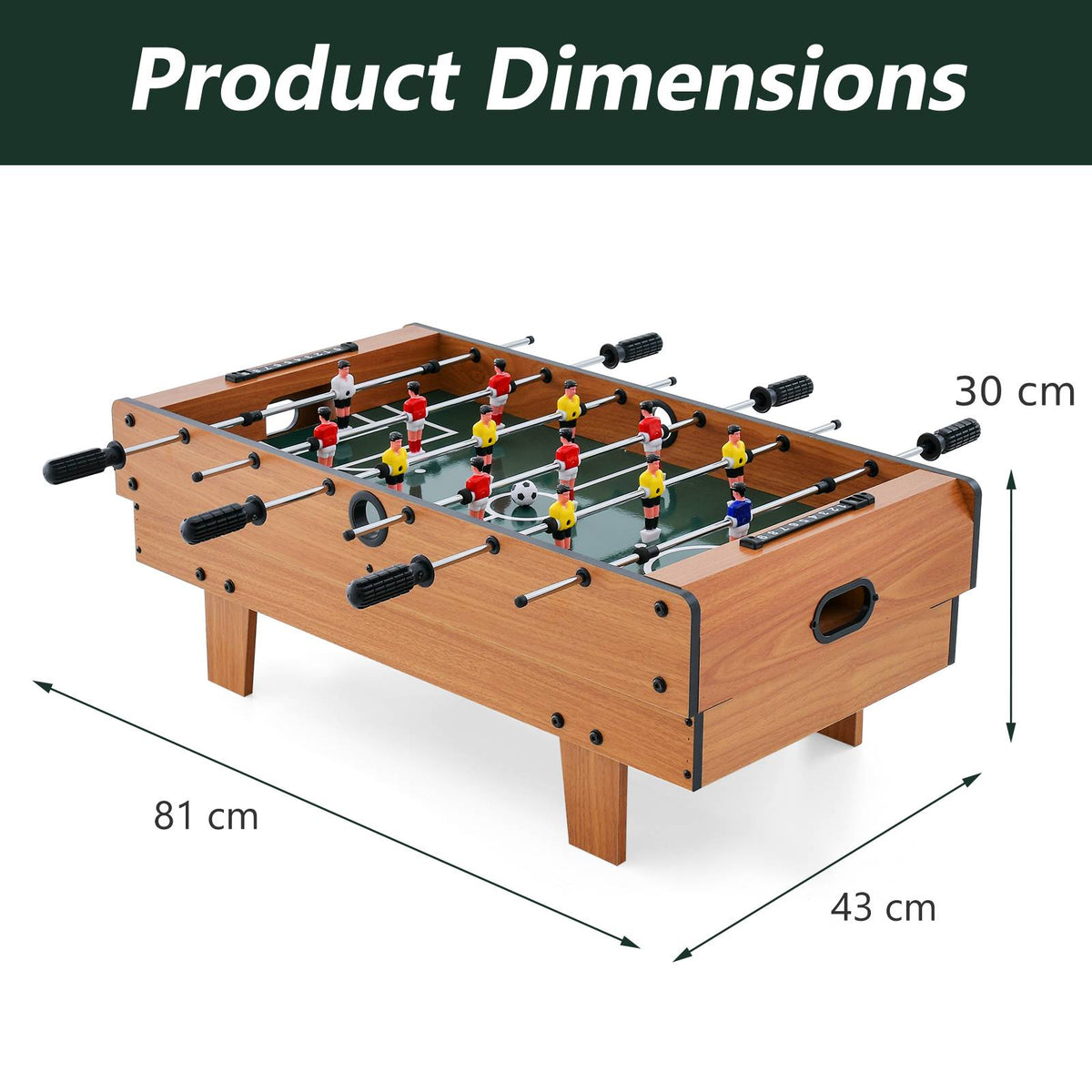 The game table set with arrows and text indicating the height, length and width dimensions