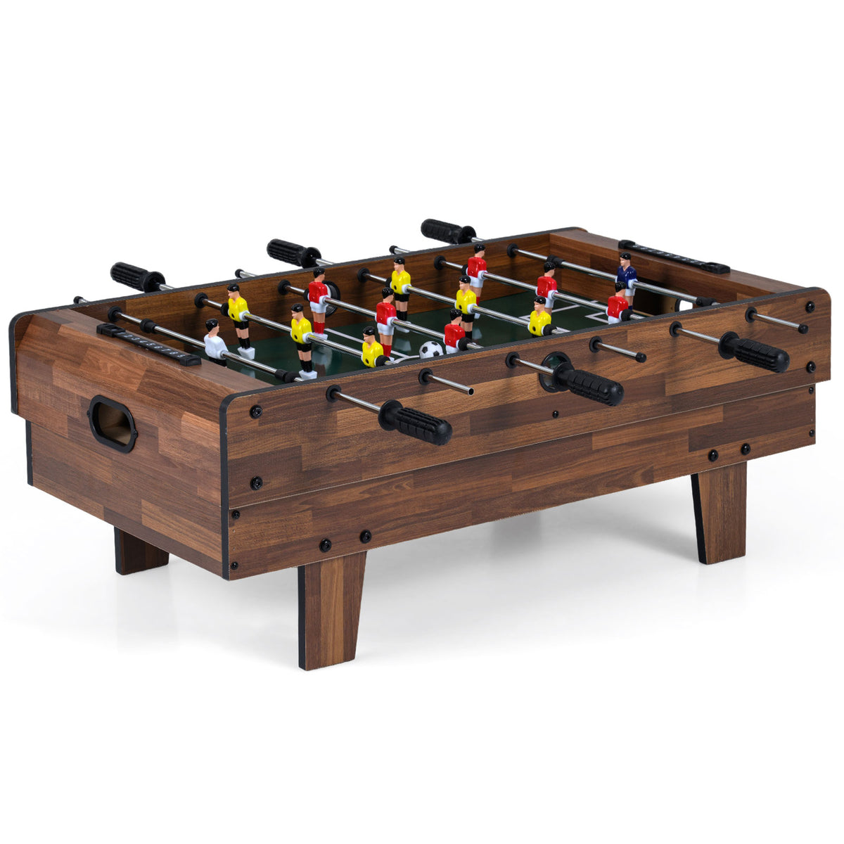 the foosball table showing the players and rods on a white background