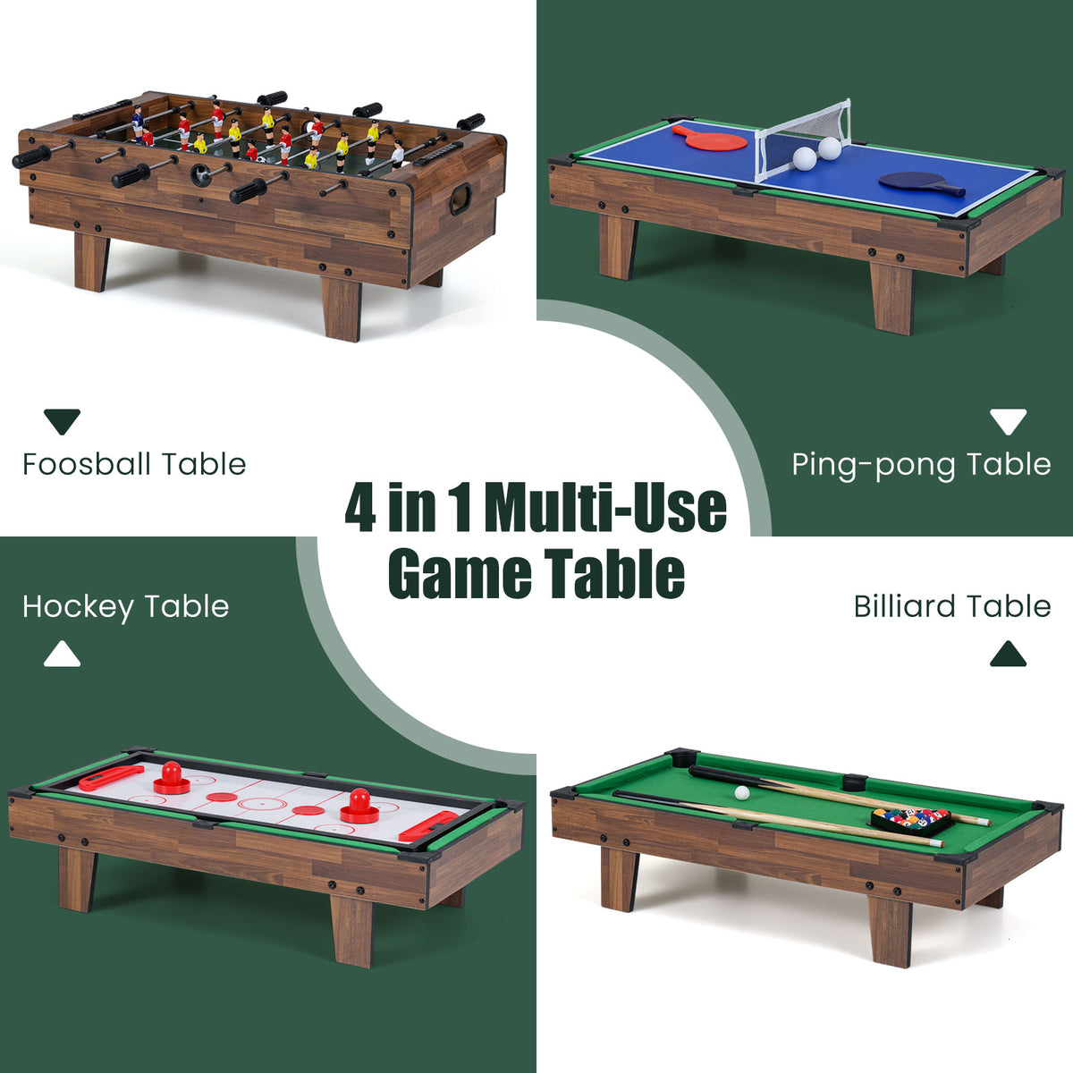 the game table showing four different playing surfaces for various games