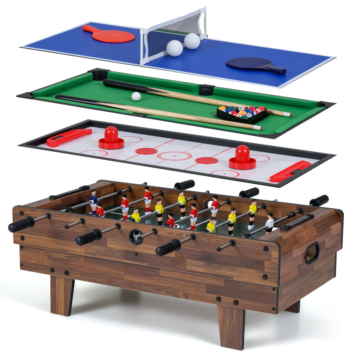 4 in 1 Combo Game Table Set showing the stacked playing surfaces and the wooden base