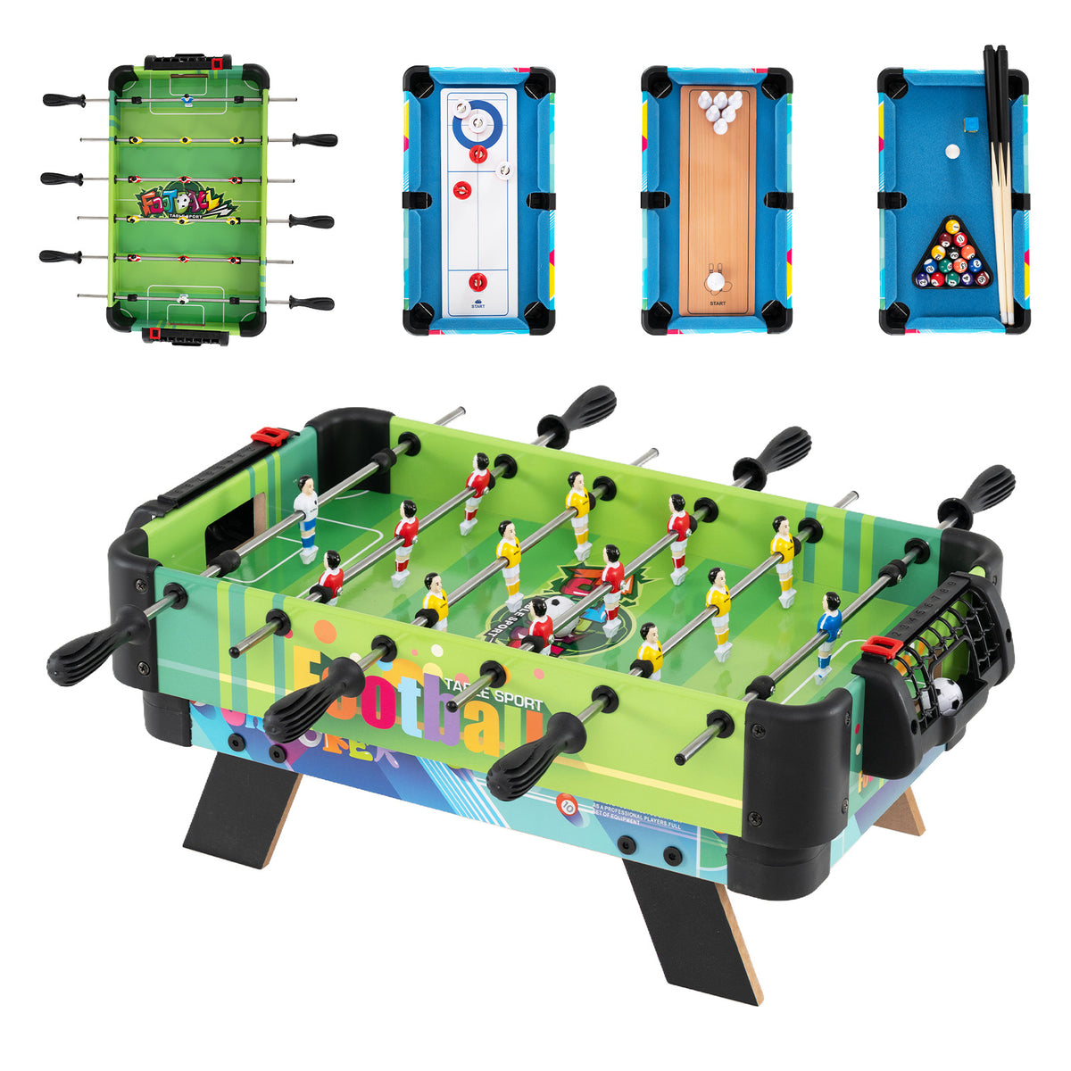 Top down view of the four game surfaces on the combo table set