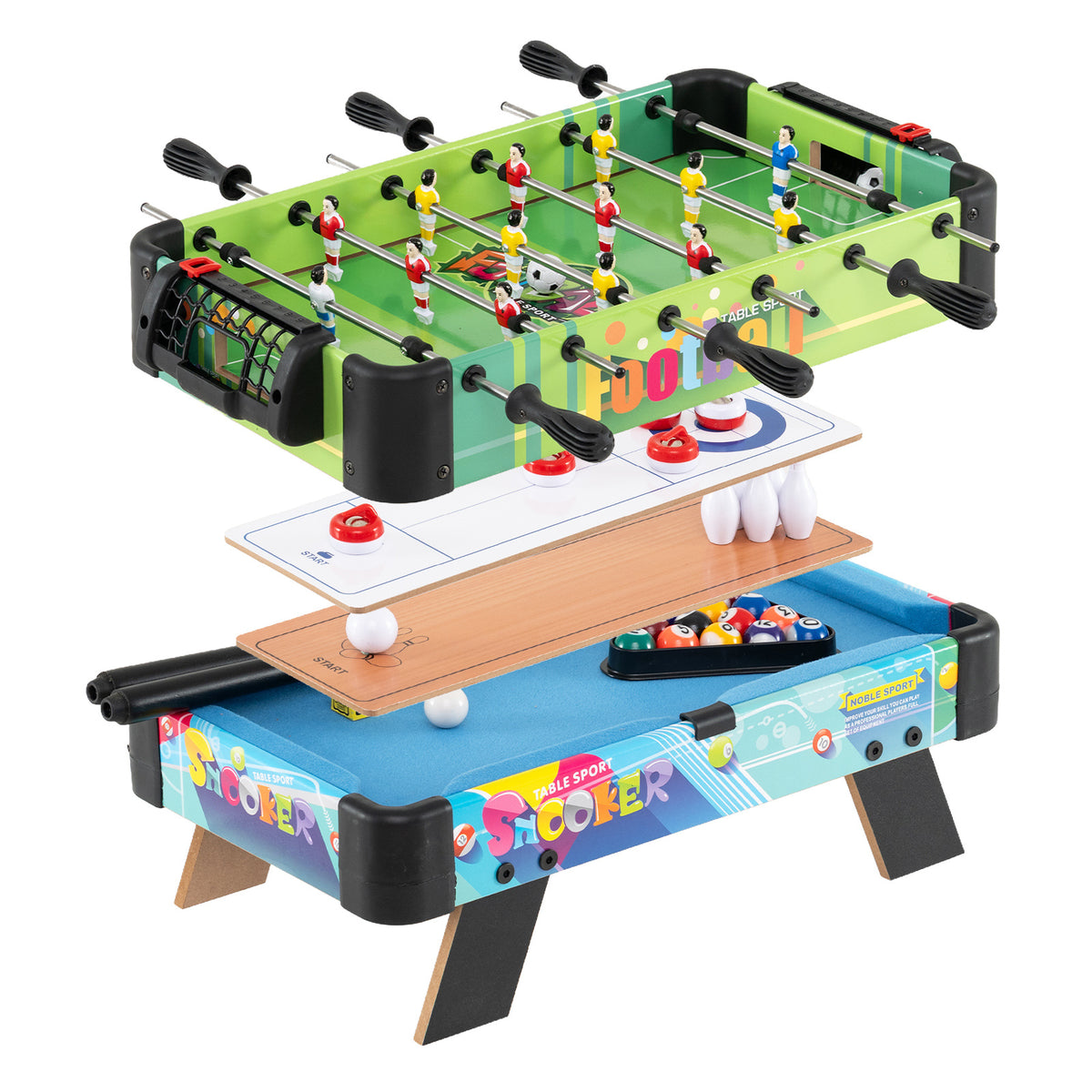 Exploded view showing the football, air hockey and pool game layers of the table