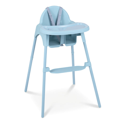 4-in-1 Convertible Baby High Chair in blue, shown from the front with a removable tray and safety straps