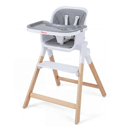 4-in-1 Convertible Baby High Chair with a grey seat and wooden legs on a white background