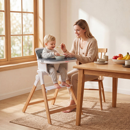 The baby high chair in use by a mother feeding her child in a bright dining room