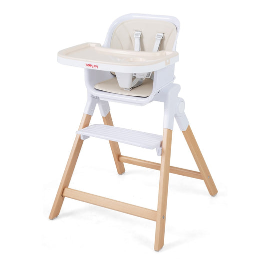 4-in-1 Convertible Baby High Chair in beige with wooden legs and a white tray