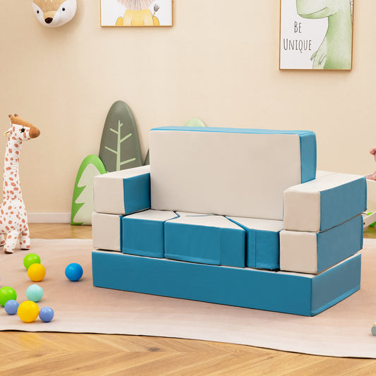 The blue and cream kids foam couch assembled in a playroom