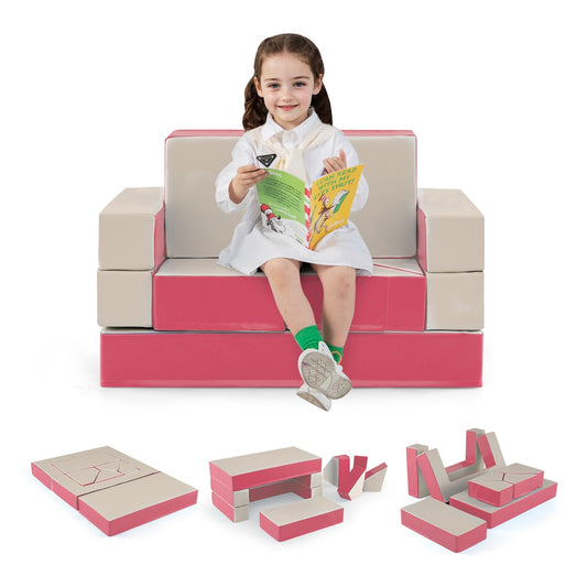 4-in-1 Convertible Foam Couch Play Set with a girl sitting on it and various configurations below