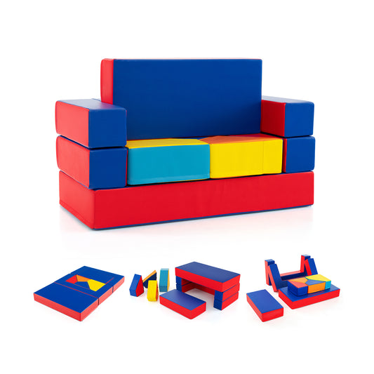 4-in-1 Convertible Foam Couch Play Set shown as a sofa with various foam building blocks below