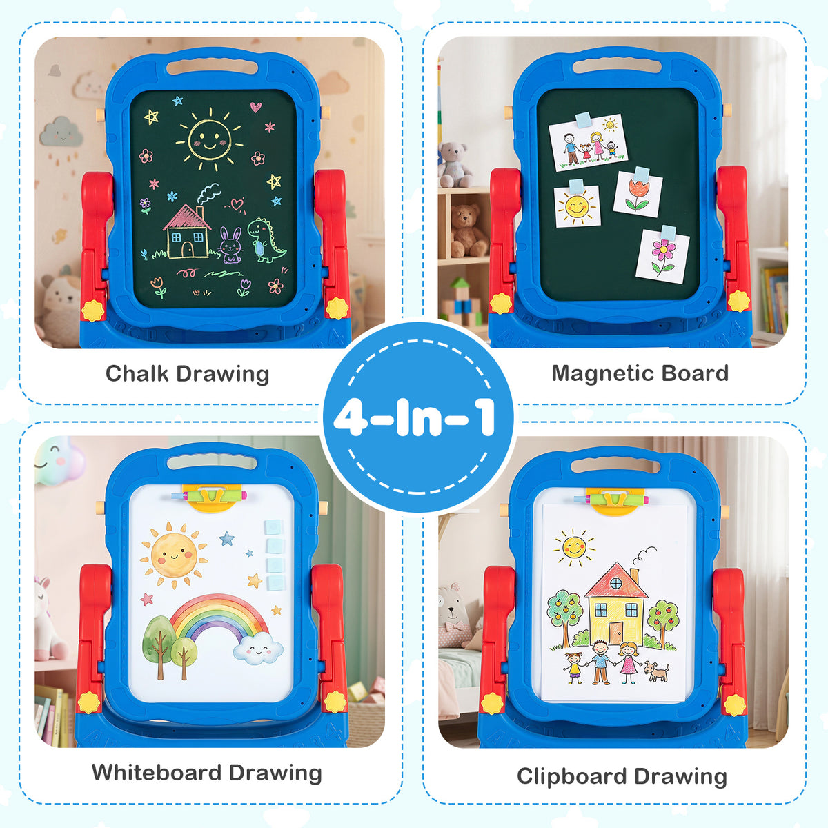 The art easel showing four different ways to use the board for drawing and magnets