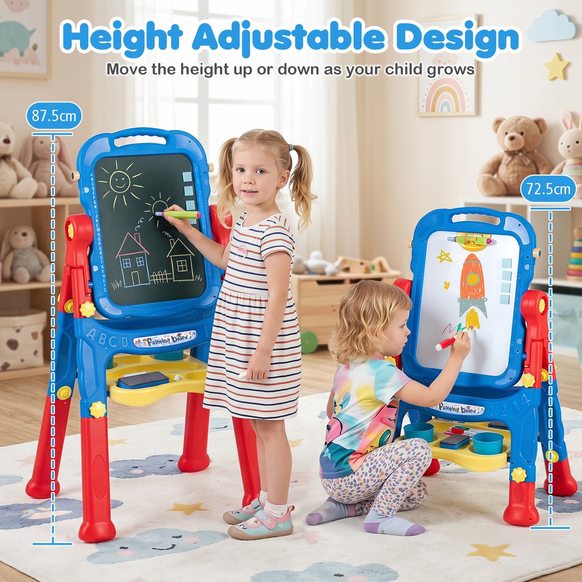 The art easel demonstrating the height adjustable design with two children