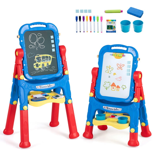 4-In-1 Double Side Easel for Toddler with Magnetic Chalkboard shown with all included accessories