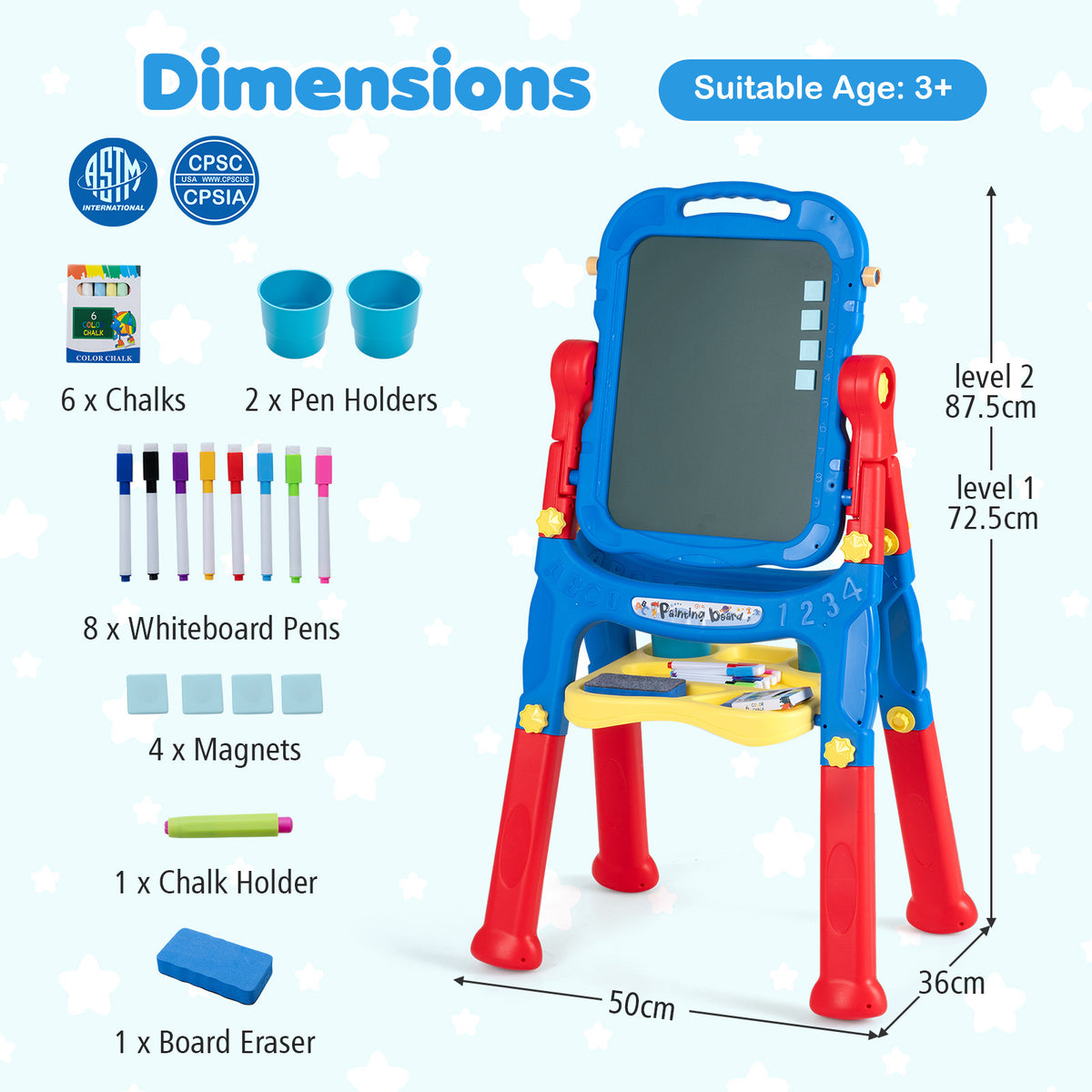 The art easel displayed with a diagram showing its dimensions and all included components