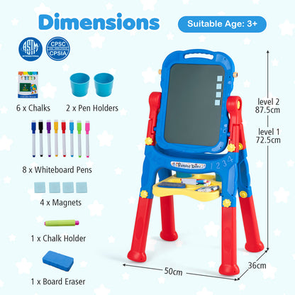 The art easel displayed with a diagram showing its dimensions and all included components
