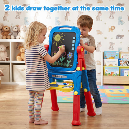 The art easel being used by two children drawing on the chalkboard at the same time
