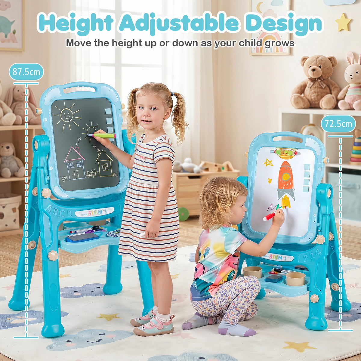 Two children of different ages using the adjustable height art easel