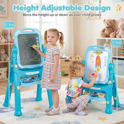 Two children of different ages using the adjustable height art easel