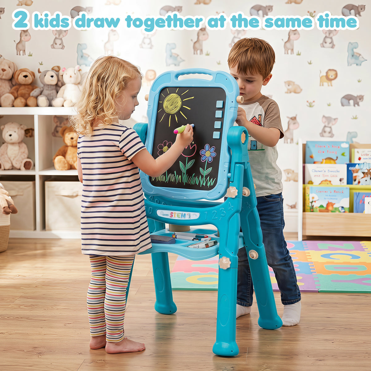 Two children drawing together on the double sided art easel in a nursery