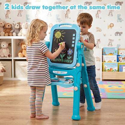 Two children drawing together on the double sided art easel in a nursery