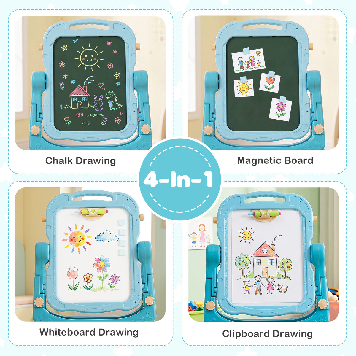 Four different ways to use the 4-in-1 double sided easel for toddlers