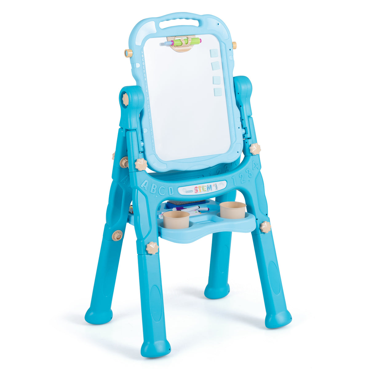 Blue double sided art easel for toddlers with magnetic chalkboard and whiteboard