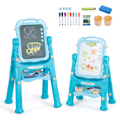 4-In-1 Double Side Easel for Toddler with Magnetic Chalkboard in blue with two easels side by side showing different drawings
