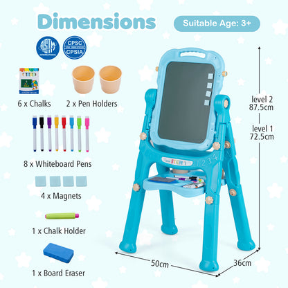 Dimensions and contents of the 4-in-1 double sided easel for toddlers