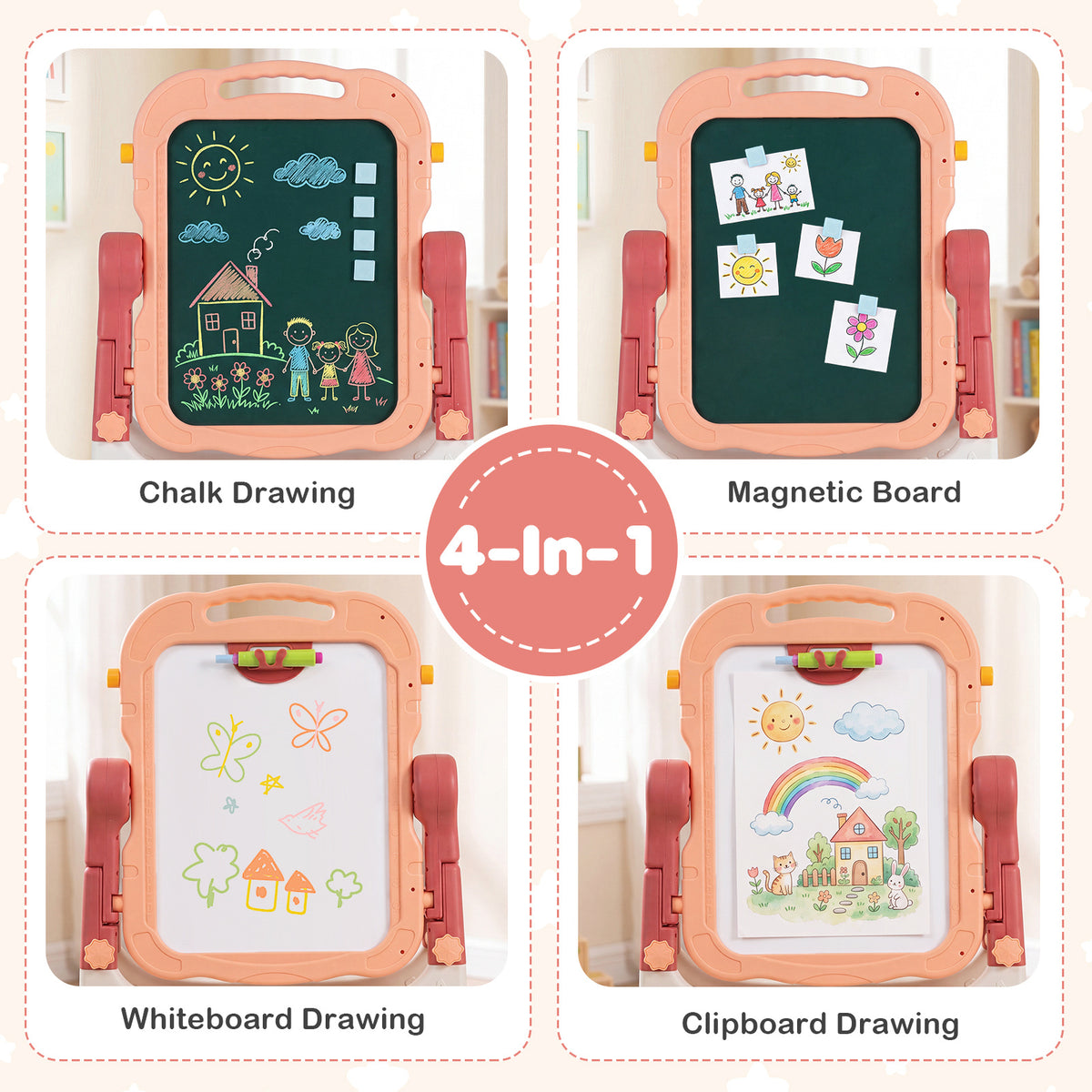 The art easel showing four different ways to use the board for drawing and magnetic play
