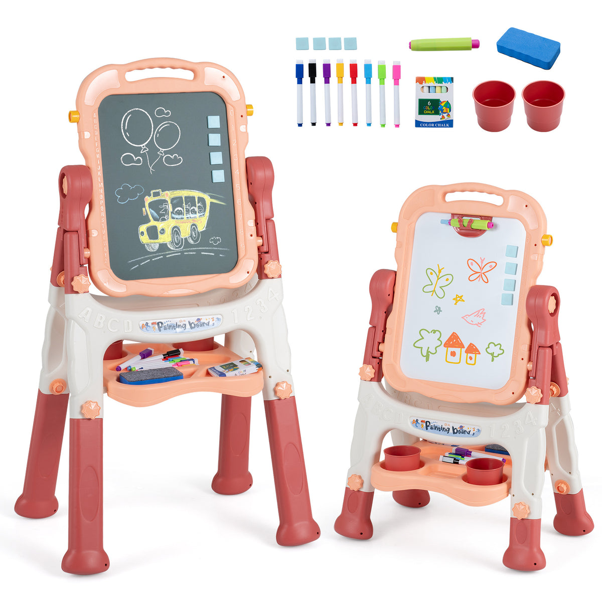 4-In-1 Double Side Easel for Toddler with Magnetic Chalkboard-Peach shown with all included accessories