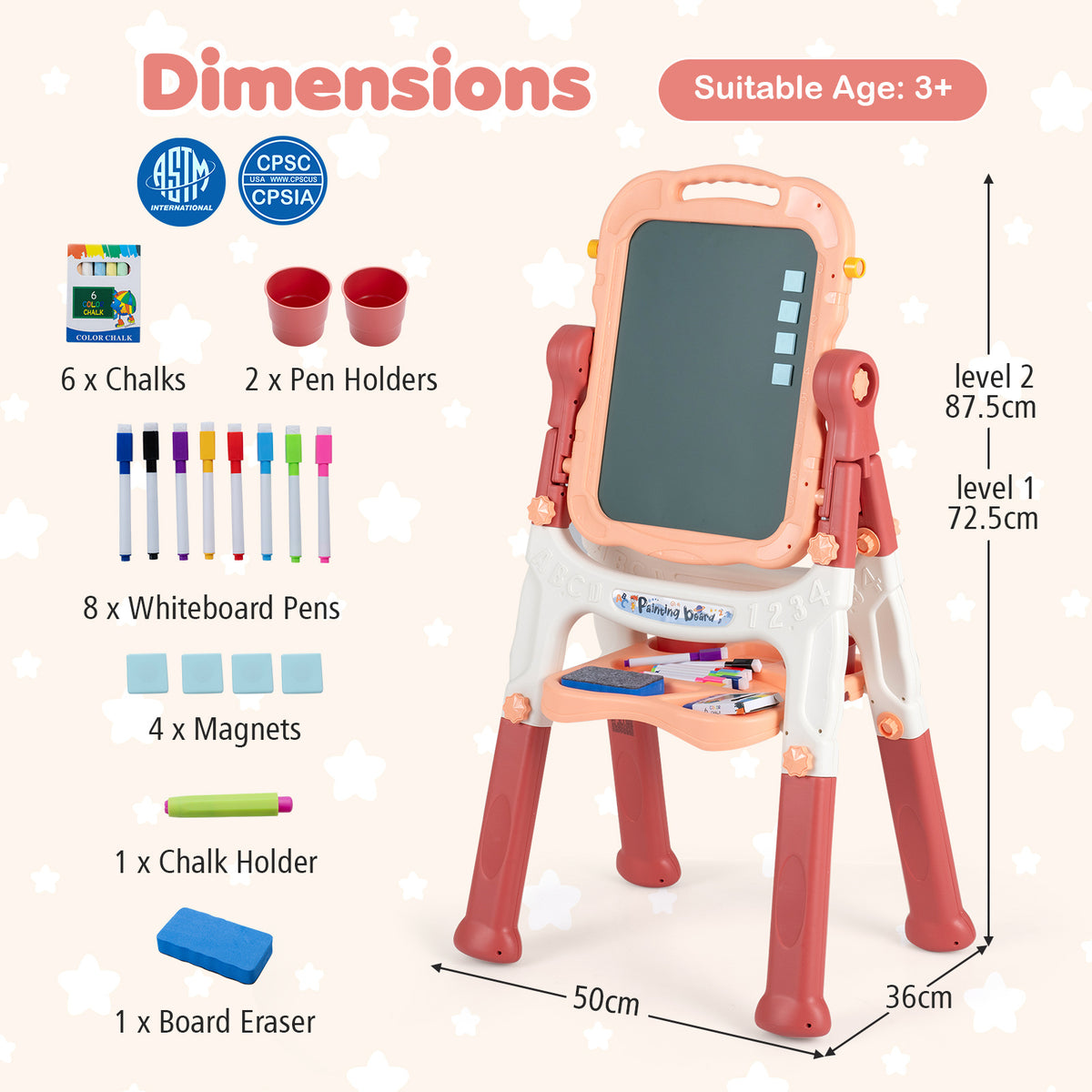 The art easel with labels showing the dimensions and all the included art supplies