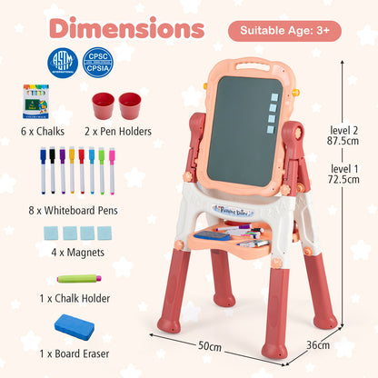 The art easel with labels showing the dimensions and all the included art supplies