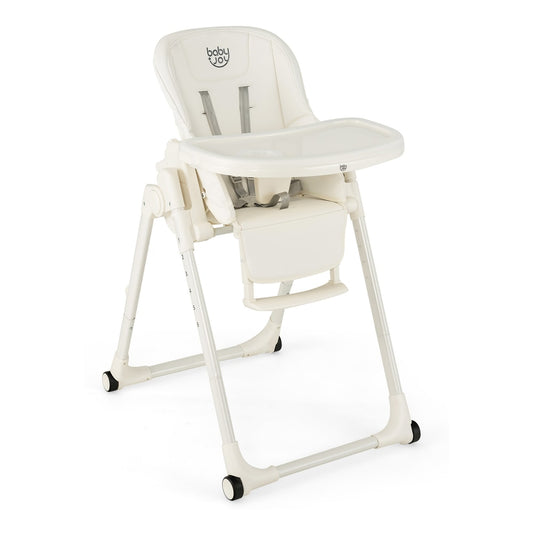4-in-1 Foldable Baby High Chair in beige with a white tray and safety harness